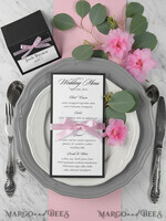 MENU & PROGRAMS rustic and lace  Minimalist Black Wedding Menu, Aesthetic Reception Dinner Menu, Romantic Menu With Pink Ribbon, Elegant Black Wedding Menu, Unique Modern Black and White Menu  4