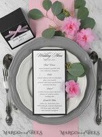 MENU & PROGRAMS rustic and lace  Minimalist Black Wedding Menu, Aesthetic Reception Dinner Menu, Romantic Menu With Pink Ribbon, Elegant Black Wedding Menu, Unique Modern Black and White Menu  4