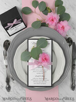 MENU & PROGRAMS rustic and lace  Minimalist Black Wedding Menu, Aesthetic Reception Dinner Menu, Romantic Menu With Pink Ribbon, Elegant Black Wedding Menu, Unique Modern Black and White Menu  4