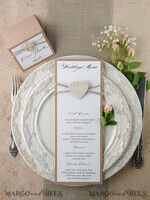 MENU & PROGRAMS rustic and lace Minimalistic White Wedding Menus, Elegant Rustic  Wedding Menu Cards, Aesthetic Wedding Dinner Menu with Wooden Heart, Modern Wedding Menu, Delicate Classic Wedding Menu3