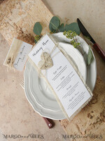 MENÜ & PROGRAMME  
 rustikal und Spitze Minimalistische weiße Hochzeitsmenüs, elegante rustikale Hochzeitsmenükarten, ästhetisches Hochzeitsdinner-Menü mit Holzherz, modernes Hochzeitsmenü, zartes klassisches Hochzeitsmenü.3