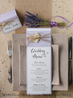 MENÜ & PROGRAMME  
 rustikal und Spitze Zartes Flieder Hochzeitsmenü, einzigartige elegante Hochzeitsmenüs mit Jute-Schnur und Herz, minimalistische lila Hochzeitsmenükarten, moderne Dinnerkarte für die Hochzeit4