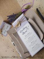 MENÜ & PROGRAMME  
 rustikal und Spitze Zartes Flieder Hochzeitsmenü, einzigartige elegante Hochzeitsmenüs mit Jute-Schnur und Herz, minimalistische lila Hochzeitsmenükarten, moderne Dinnerkarte für die Hochzeit4