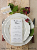 MENÜ & PROGRAMME  
 rustikal und Spitze Minimalistische weiße Hochzeitsmenüs, elegante rustikale Hochzeitsmenü-Karten, ästhetisches Hochzeitsdinner-Menü, modernes Hochzeitsmenü, zartes klassisches Hochzeitsmenü und Schnur.3