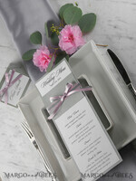MENÜ & PROGRAMME  
 rustikal und Spitze Romantisches graues Hochzeitsmenü, elegante Menükarte mit rosa Schleife, modernes Shabby Chic Hochzeitsdinner-Menü, einfaches romantisches handgemachtes minimalistisches Hochzeitsmenü5