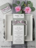 MENÜ & PROGRAMME  
 rustikal und Spitze Romantisches graues Hochzeitsmenü, elegante Menükarte mit rosa Schleife, modernes Shabby Chic Hochzeitsdinner-Menü, einfaches romantisches handgemachtes minimalistisches Hochzeitsmenü5