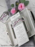 MENÜ & PROGRAMME  
 rustikal und Spitze Romantisches graues Hochzeitsmenü, elegante Menükarte mit rosa Schleife, modernes Shabby Chic Hochzeitsdinner-Menü, einfaches romantisches handgemachtes minimalistisches Hochzeitsmenü5