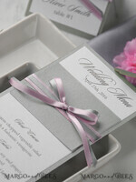 MENÜ & PROGRAMME  
 rustikal und Spitze Romantisches graues Hochzeitsmenü, elegante Menükarte mit rosa Schleife, modernes Shabby Chic Hochzeitsdinner-Menü, einfaches romantisches handgemachtes minimalistisches Hochzeitsmenü5