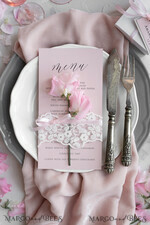 MENU & PROGRAMS rustic and lace Romantic Blush Pink Wedding Menu with Ribbon, Vintage Lace Personalized Menu Cards, Shabby Chic Wedding Menu with Floral Motif, Minimalistic Wedding Cards      10