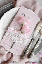 MENU & PROGRAMS rustic and lace Romantic Blush Pink Wedding Menu with Ribbon, Vintage Lace Personalized Menu Cards, Shabby Chic Wedding Menu with Floral Motif, Minimalistic Wedding Cards      10