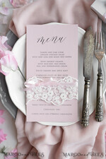 MENU & PROGRAMS rustic and lace Romantic Blush Pink Wedding Menu with Ribbon, Vintage Lace Personalized Menu Cards, Shabby Chic Wedding Menu with Floral Motif, Minimalistic Wedding Cards      10