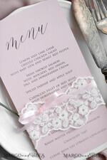 MENU & PROGRAMS rustic and lace Romantic Blush Pink Wedding Menu with Ribbon, Vintage Lace Personalized Menu Cards, Shabby Chic Wedding Menu with Floral Motif, Minimalistic Wedding Cards      10