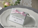 PLACE CARDS / TABLE CARDS rustic and lace Elegant White and Grey Wedding Place Cards, Rustic Name Tags, Romantic Wedding Place Cards with Lace and Pink Ribbon, Custom Text, Rustic Wedding Place Cards6