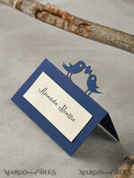 PLATZKARTEN / TISCHKARTEN  
 rustikal und Spitze Elegante marineblaue Hochzeitsplatzkarten mit Vogeldekor, elfenbeinfarbene und dunkelblaue Hochzeitsnamensschilder, rustikale Hochzeitsstationery, rustikale Hochzeitsbegleitkarten.2