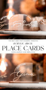 PLACE CARDS / TABLE CARDS Acrylic Gold Clear / Wood 3D Modern half arch Acrylic Place card with stand, Wedding seat Cards, Transparent Acryl Name Card, Luxury seating card with white and gold wording, Editable Text11