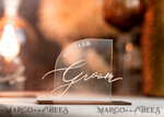 PLACE CARDS / TABLE CARDS Acrylic Gold Clear / Wood 3D Modern half arch Acrylic Place card with stand, Wedding seat Cards, Transparent Acryl Name Card, Luxury seating card with white and gold wording, Editable Text11