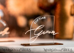 PLACE CARDS / TABLE CARDS Acrylic Gold Clear / Wood 3D Modern half arch Acrylic Place card with stand, Wedding seat Cards, Transparent Acryl Name Card, Luxury seating card with white and gold wording, Editable Text11