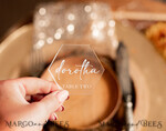 PLACE CARDS / TABLE CARDS Acrylic Gold Clear / Wood 3D Modern Hexagon Acrylic Place Cards, Wedding Place Cards, Geometric Clear Name Card premium, Luxury Seating Card, White Text and Transparent Acrylic Escort Card5