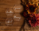 PLACE CARDS / TABLE CARDS Acrylic Gold Clear / Wood 3D Modern Hexagon Acrylic Place Cards, Wedding Place Cards, Geometric Clear Name Card premium, Luxury Seating Card, White Text and Transparent Acrylic Escort Card5