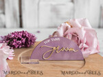 PLATZKARTEN / TISCHKARTEN  
 Acrylgold klar / Holz 3D Modernes Mauve Arch Acryl Platzkarte mit Ständer, Premium Hochzeitsplatzkarten, klare Acryl Namenskarten, luxuriöse Sitzkarten, goldene 3D Gästennamen, bearbeitbarer Text12