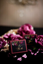PLACE CARDS / TABLE CARDS Luxury Premium Glitter/ Gold/ Silver/ Rose Gold Unique Black Wedding Place Cards, Maroon Card with Gold Lettering, Elegant Dark Floral Wedding Name Tags with Peony Graphic, Custom Gold Wording Escort Cards2