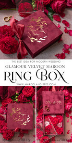 RINGTRÄGERBOXEN & KISSEN Samtkästchen für den Trauungszeremonie Luxuriöse Samt-Acryl-Hochzeitsring-Box, Glamour Bordeauxrot und goldene Hochzeitsring-Box, elegante Hochzeitsbox aus burgunderfarbenem Samt in Pink, handgefertigte Hochzeitsring-Box.12