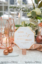 TABLE DECOR SIGNS glitter Copper Marble Wedding Table Sign, Geometric Love Is Sweet Wedding Table Sign, Dessert Table Sign, Copper Wedding Favor Table Signs, Dessert Table, Editable Text2