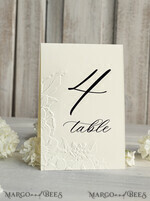 TABLE DECOR SIGNS glitter Elegant Wedding Table Number Card with Embossed Floral Design – Ivory Textured Paper, Folded Tent Style, Classic Font, Luxury Reception Decor4