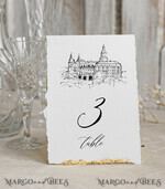 TABLE DECOR SIGNS glitter Elegant Venue sketch Table Number, Hand Torn Edge with gold foil border Wedding Table Number – Luxury Ivory Tent Card2