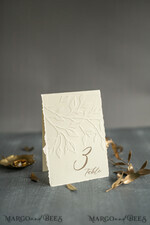 TABLE DECOR SIGNS glitter Elegant Wedding Table Number Card with Embossed Floral Design – Ivory Textured Paper, Folded Tent Style, Classic Font, Luxury Reception Decor4
