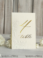 TABLE DECOR SIGNS glitter Elegant Gold Wedding Table Number Card with Embossed Floral Design, Ivory Textured Paper, Folded Tent Style, Classic Font, Luxury Reception Decor5