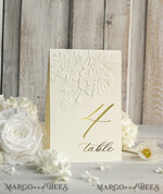 TABLE DECOR SIGNS glitter Elegant Gold Wedding Table Number Card with Embossed Floral Design, Ivory Textured Paper, Folded Tent Style, Classic Font, Luxury Reception Decor5