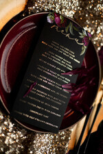 MENU & PROGRAMS glitter/ luxury premium Glamour Black Wedding Menu, Floral Bohemian Reception Dinner Menu, Romantic Gold Foil Floral Menu, Elegant Chic Black Wedding Menu, Modern Handmade Black Menu3