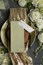 MENÜ & PROGRAMME  
 Glitzer/ Luxus Premium Luxuriöse maßgeschneiderte Goldfolien-Hochzeitsmenü, elegante salbeigrüne Hochzeitsmenü-Karten, glamouröses grünes goldenes Dinner-Menü, geometrisches Hochzeitsmenü mit goldenem Bindfaden.2