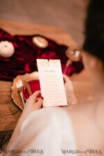 MENU & PROGRAMS glitter/ luxury premium Luxury Golden Shine Wedding Menu, Glamour Chic Handmade Ivory Dinner Menu Cards with Burgundy Ribbon, Custom Romantic Gold Foil Wedding Menu With Floral Motif  2