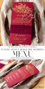 MENÜ & PROGRAMME  
 Glitzer/ Luxus Premium Elegantes Burgunder- und Gold-Hochzeitsmenü, Glamouröses Goldfolien-Dinner-Menü mit Samt-Bauchband, Einzigartiges Luxus-Marsala-Menü, Moderne Hochzeitsmenükarten mit Blumen.9