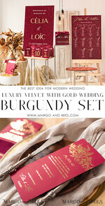 MENÜ & PROGRAMME  
 Glitzer/ Luxus Premium Elegantes Burgunder- und Gold-Hochzeitsmenü, Glamouröses Goldfolien-Dinner-Menü mit Samt-Bauchband, Einzigartiges Luxus-Marsala-Menü, Moderne Hochzeitsmenükarten mit Blumen.9