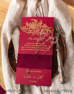 MENÜ & PROGRAMME  
 Glitzer/ Luxus Premium Elegantes Burgunder- und Gold-Hochzeitsmenü, Glamouröses Goldfolien-Dinner-Menü mit Samt-Bauchband, Einzigartiges Luxus-Marsala-Menü, Moderne Hochzeitsmenükarten mit Blumen.9