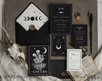 HOCHZEITS EINLADUNGEN Moderne Einladungen Florale Karten Halloween-Hochzeitseinladungen Set, schwarze Einladungen, Tarotkarten-Einladungen, gotische Hochzeitseinladungskarten, das Liebenden-Skelett-Hochzeitsset schwarz14
