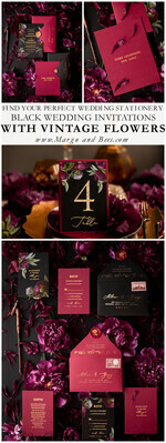 WEDDING INVITATIONS Modern Invites Floral Cards Black wedding invitations, black card, red wedding invitations, burgundy wedding invitations, marsala wedding invitations, flower blossom, red envelope, red and black wedding invitations, floral wedding invitations, gold lettering, vintage flowers, vintage flower illustration, vintage wedding invitations, floral wedding stationery, floral wedding accessories, personalized wedding invitations, handmade wedding invitations13