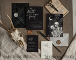 HOCHZEITS EINLADUNGEN Moderne Einladungen Florale Karten Halloween-Hochzeits-Einladungssuite, schwarze Einladungen, Tarotkarten-Einladungen, gothische Hochzeits-Einladungskarten, das Liebespaar-Skelett-Hochzeitsset schwarz9