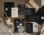 HOCHZEITS EINLADUNGEN Moderne Einladungen Florale Karten Halloween-Hochzeits-Einladungssuite, schwarze Einladungen, Tarotkarten-Einladungen, gothische Hochzeits-Einladungskarten, das Liebespaar-Skelett-Hochzeitsset schwarz9