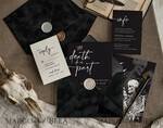 HOCHZEITS EINLADUNGEN Moderne Einladungen Florale Karten Halloween-Hochzeits-Einladungssuite, schwarze Einladungen, Tarotkarten-Einladungen, gothische Hochzeits-Einladungskarten, das Liebespaar-Skelett-Hochzeitsset schwarz9