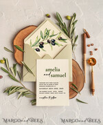 HOCHZEITS EINLADUNGEN Moderne Einladungen Florale Karten Handgemachte Hochzeits Einladung, Oliven Toskana Hochzeits Einladungen, Griechische Reise Hochzeits Stationery, Natürliche Oliven Luxus Hochzeits Einladungen13