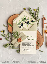 HOCHZEITS EINLADUNGEN Moderne Einladungen Florale Karten Handgemachte Hochzeits Einladung, Oliven Toskana Hochzeits Einladungen, Griechische Reise Hochzeits Stationery, Natürliche Oliven Luxus Hochzeits Einladungen13