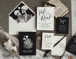 HOCHZEITS EINLADUNGEN Moderne Einladungen Florale Karten Halloween Hochzeitskarten Suite, Schwarze Einladungen, Tarotkarten Einladungen, Gothic Hochzeitskarten, Das Liebespaar Skelett Hochzeitsset schwarz9