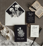 HOCHZEITS EINLADUNGEN Moderne Einladungen Florale Karten Halloween Hochzeitskarten Suite, Schwarze Einladungen, Tarotkarten Einladungen, Gothic Hochzeitskarten, Das Liebespaar Skelett Hochzeitsset schwarz9