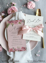 MENU & PROGRAMS romantic Chic Blush Pink And Ivory Wedding Menu, Boho Floral Wedding Menu Cards With Pink Ribbon, Romantic Pastel Wedding Dinner Menu, Simple Peony Handmade Wedding Menu3