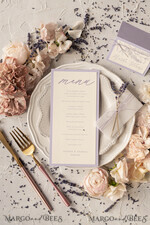 MENU & PROGRAMS romantic Delicate Handmade Lilac Wedding Menu, Elegant Wedding Menus With Lavender, Minimalistic Purple Wedding Menu Cards With Vellum, Modern Dinner Card for Wedding   2