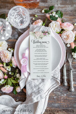 MENU & PROGRAMS romantic Elegant Custom Ivory Wedding Menus, Floral Boho Wedding Menu Cards, Rose Dinner Menu with Pink Ribbon And Initial Wax Seal, Bohemian Wedding Table Menu Cards   3